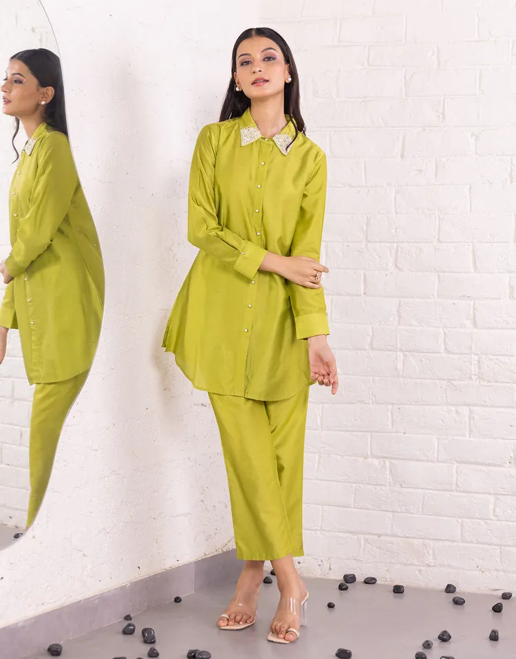 Pearl Embellished Parrot Green Tunic and Trouser Co-Ord Set