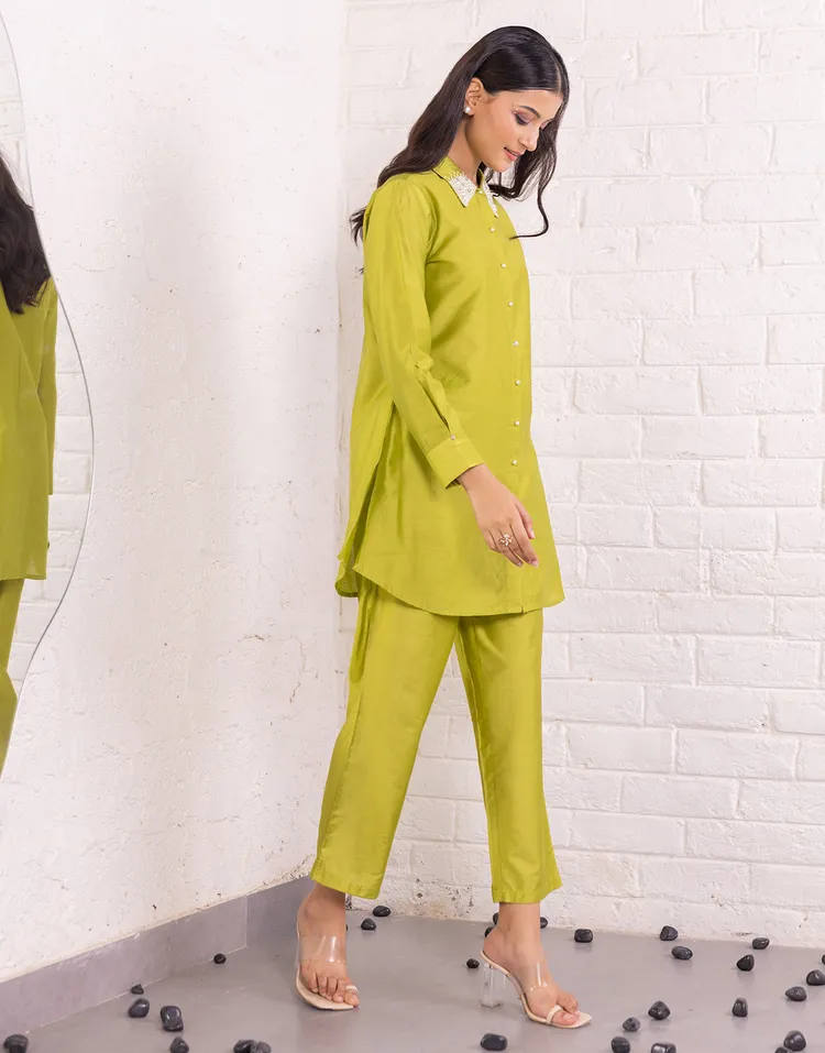Pearl Embellished Parrot Green Tunic and Trouser Co-Ord Set