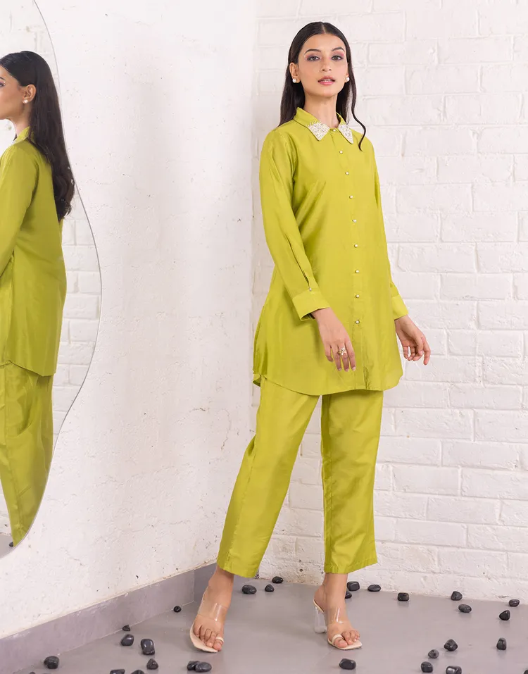 Pearl Embellished Parrot Green Tunic and Trouser Co-Ord Set