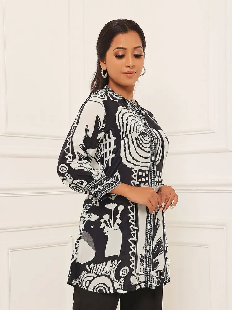 Black & White Abstract Printed Muslin Tunic