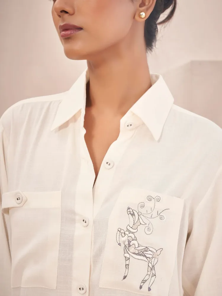 Off White Linen Shirt With Thread Work Embroidery