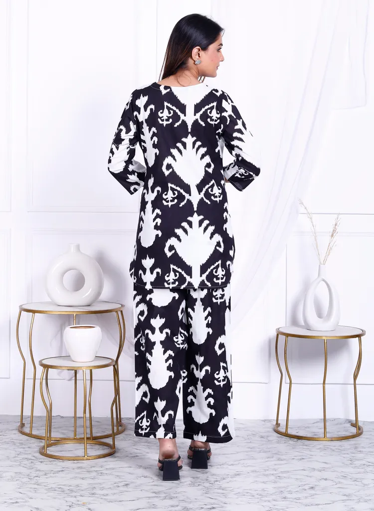 Black Abstract Printed Cotton Short Kurta Set: Timeless Elegance for Everyday Wear