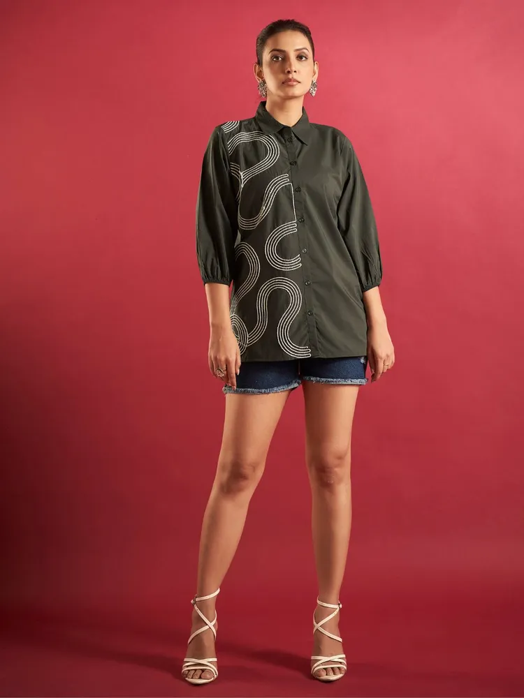 Olive Green Cotton Poplin Shirt with Cord Embroidery