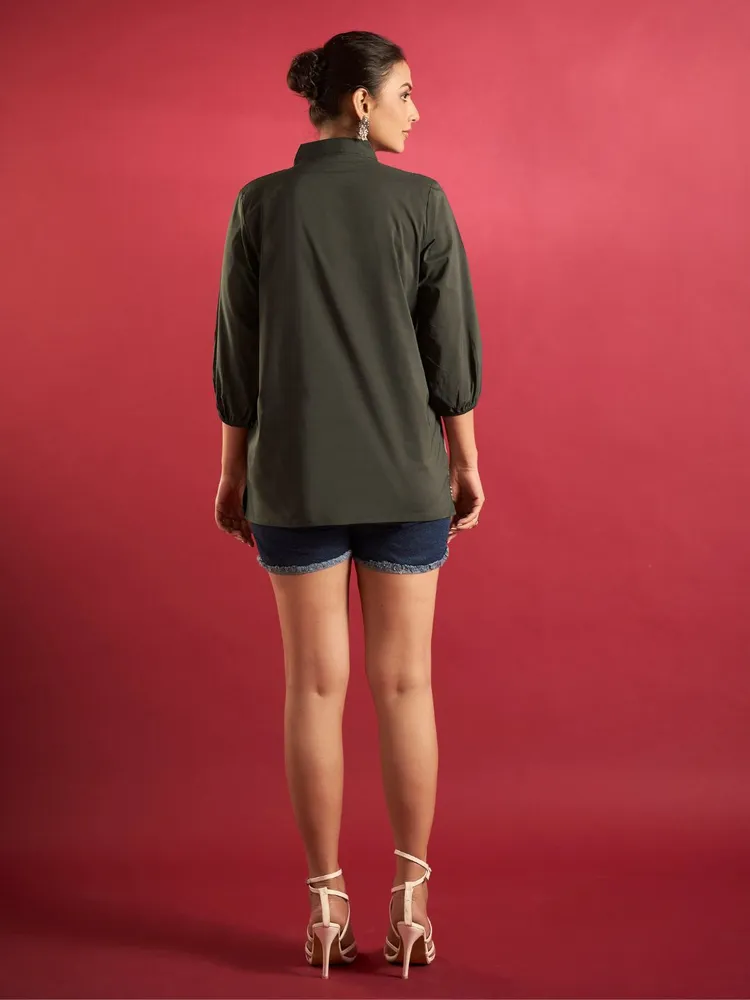 Olive Green Cotton Poplin Shirt with Cord Embroidery