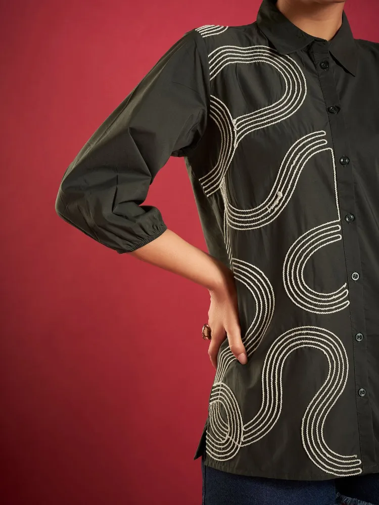 Olive Green Cotton Poplin Shirt with Cord Embroidery