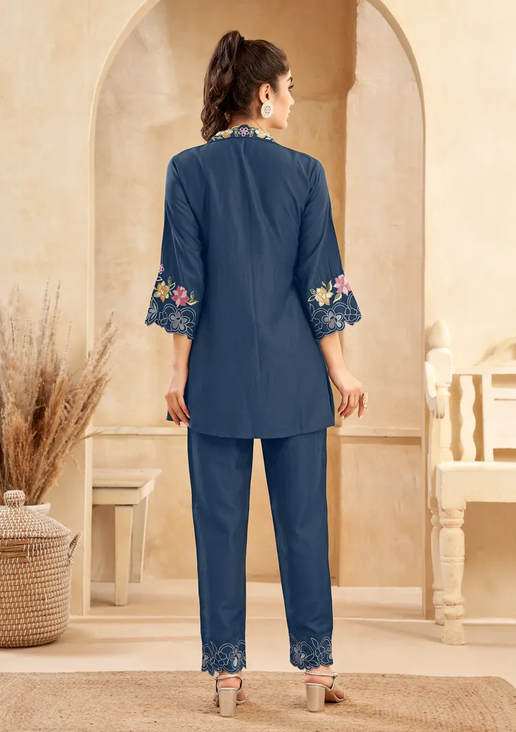 Dark Blue Roman Silk Floral Embroidered Co-Ord Set