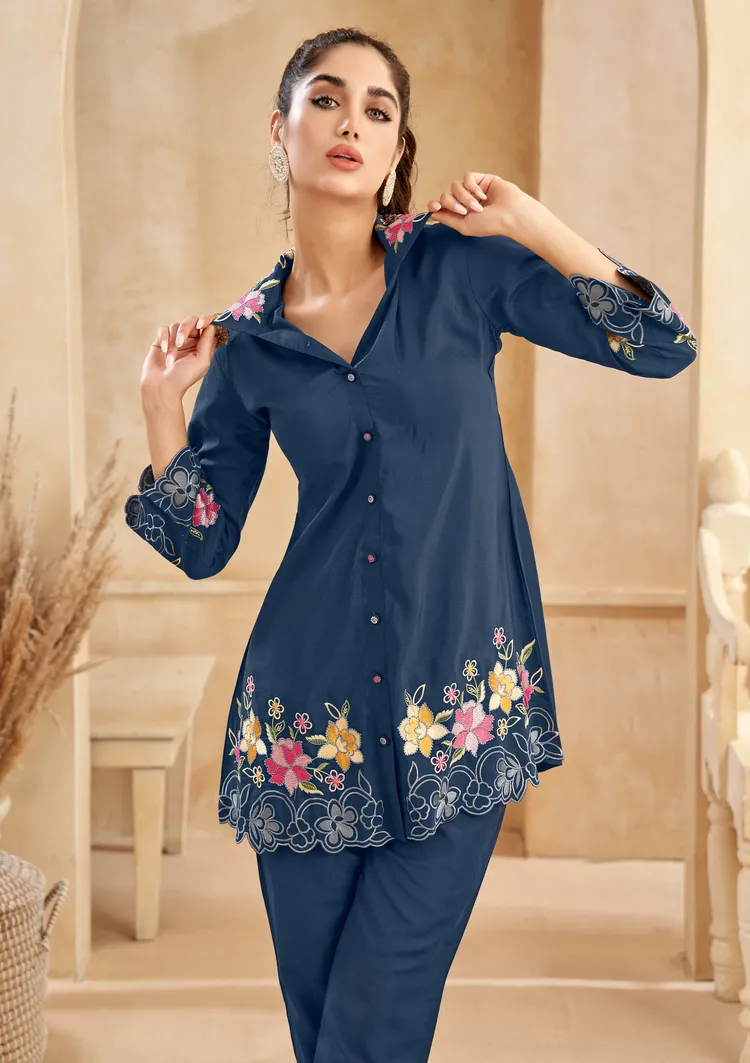 Dark Blue Roman Silk Floral Embroidered Co-Ord Set