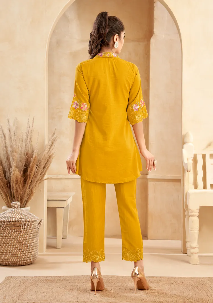 Mustard Roman Silk Floral Embroidered Co-Ord Set