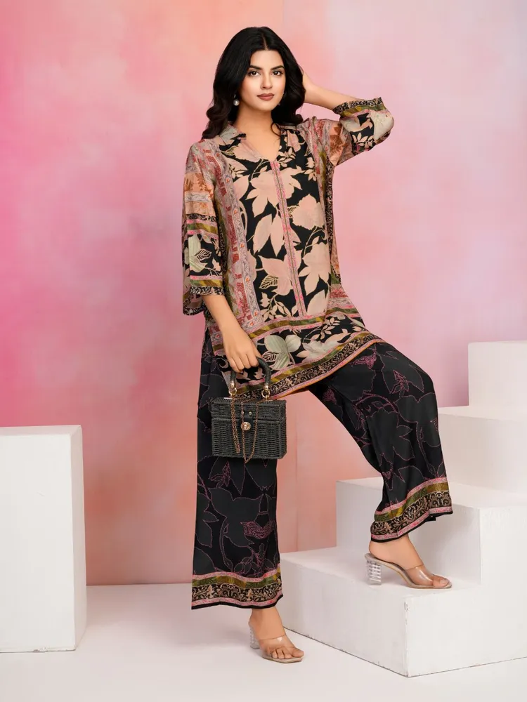 Black Base Multicolor Printed Muslin Kurta Set