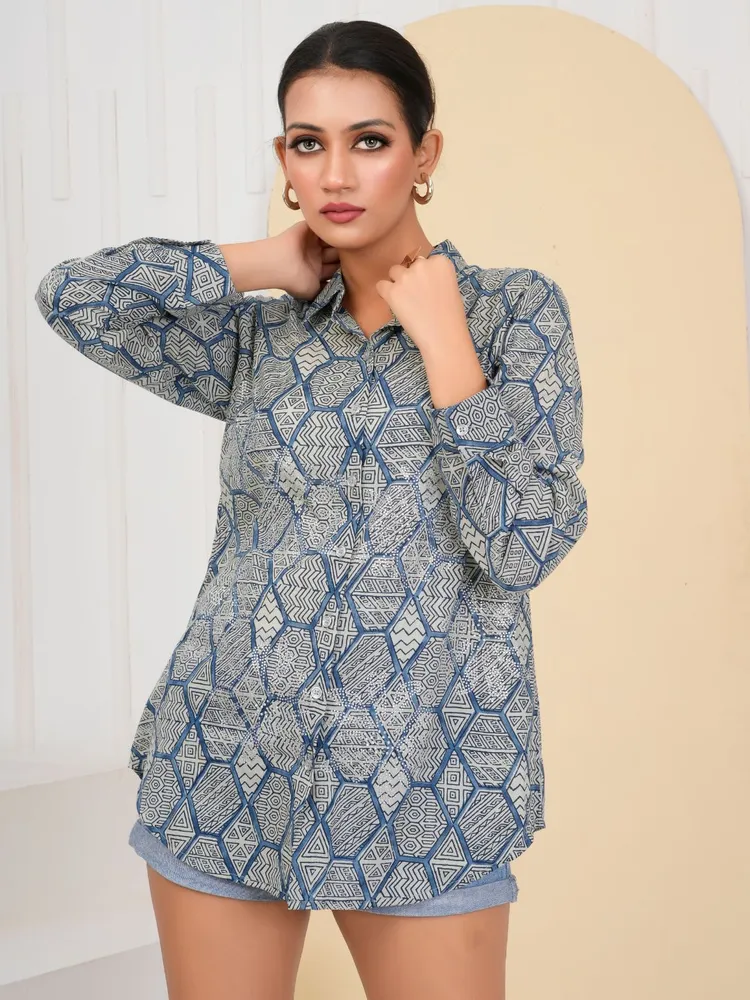 Geometric Print Rhinestone Detail Cotton Shirt