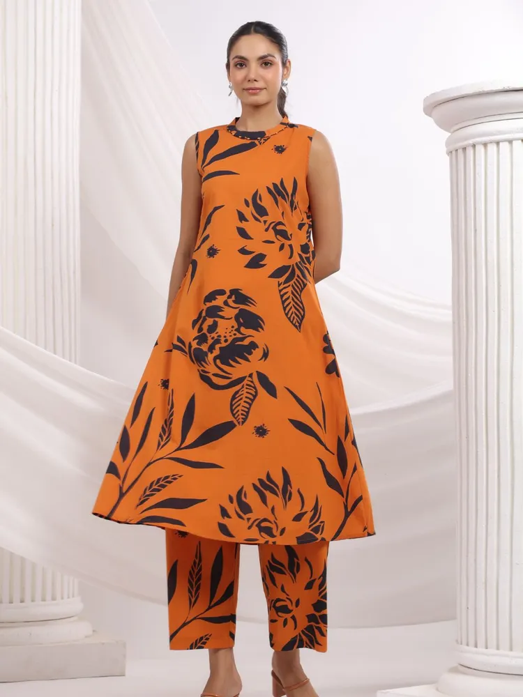 Orange & Black Bold Floral Beaded Ethnic Kurta Pant Set
