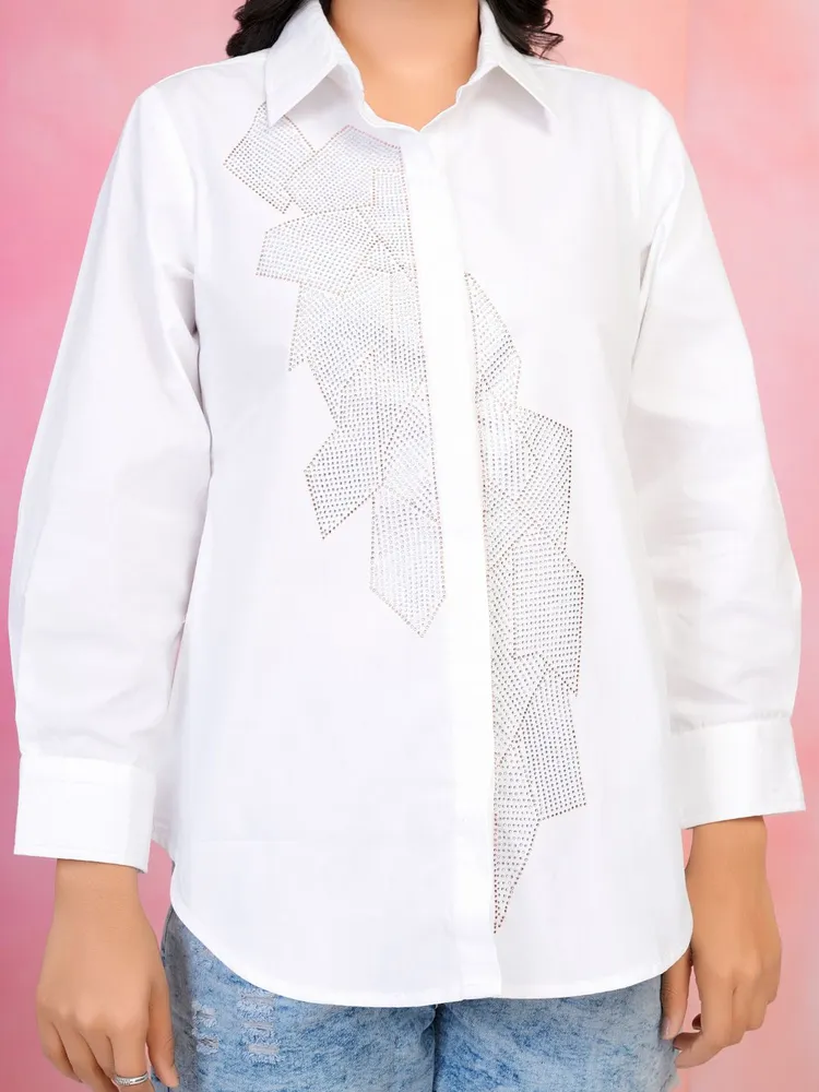 White Cotton Shirt with Rhinestone Detail