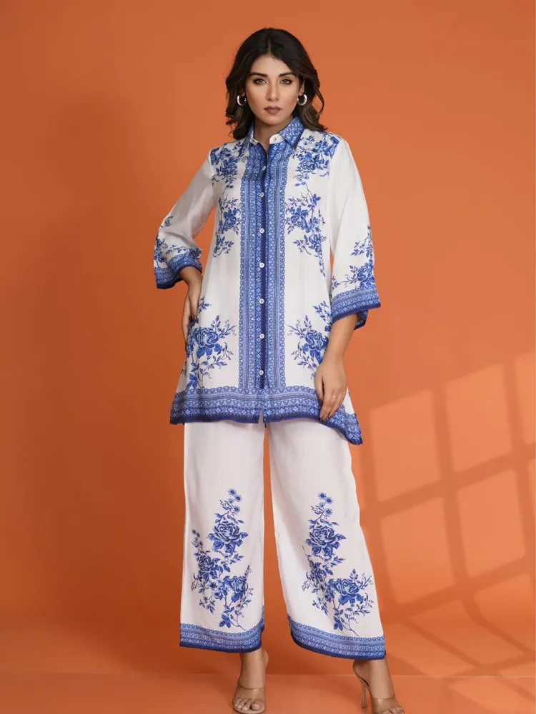 White & Blue Floral Border Print Muslin Co-Ord Set