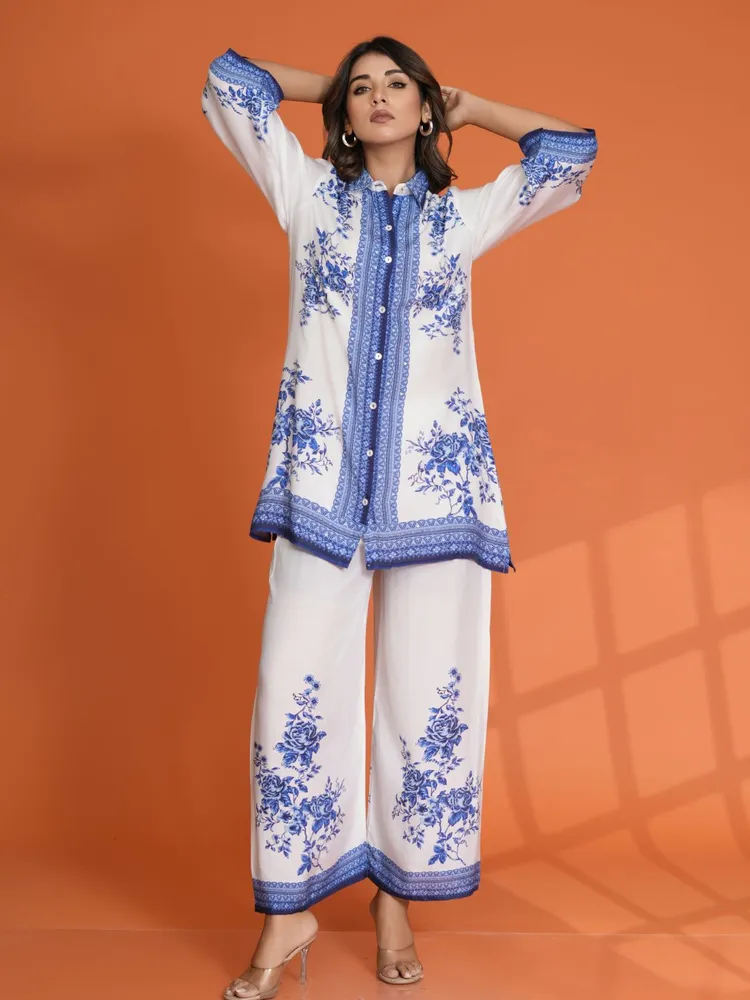 White & Blue Floral Border Print Muslin Co-Ord Set