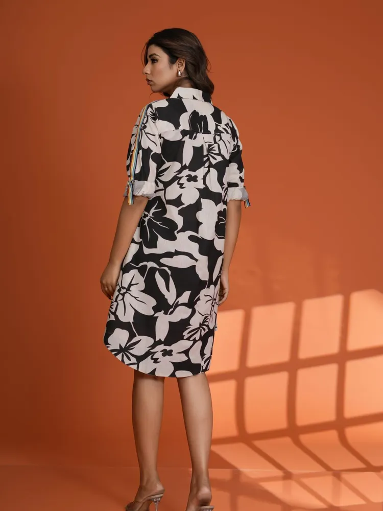 Cream & Black Floral Shirt Dress with Rainbow Tape Detail in Cotton Flex