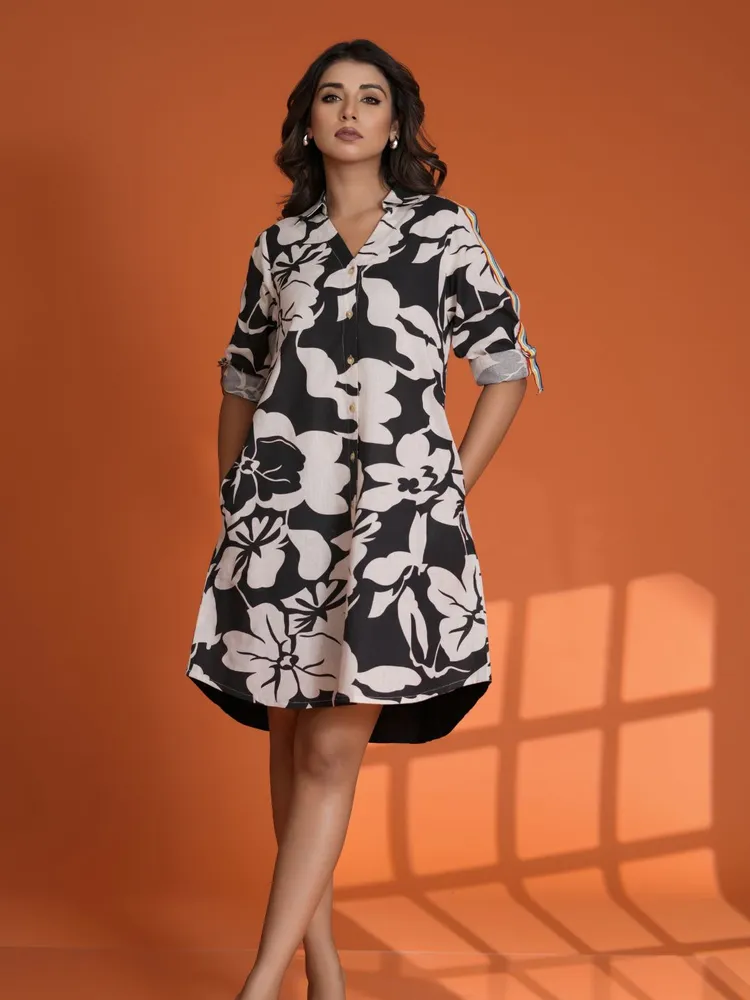 Cream & Black Floral Shirt Dress with Rainbow Tape Detail in Cotton Flex