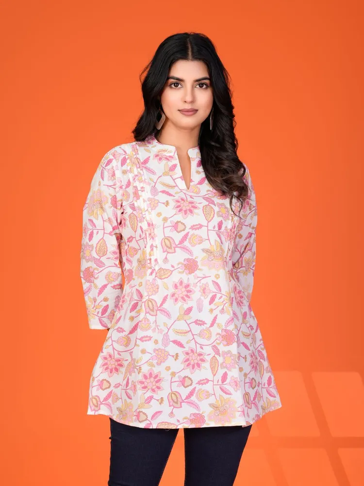 White Multi-Floral Pintuck Kurti in Cotton Cambric