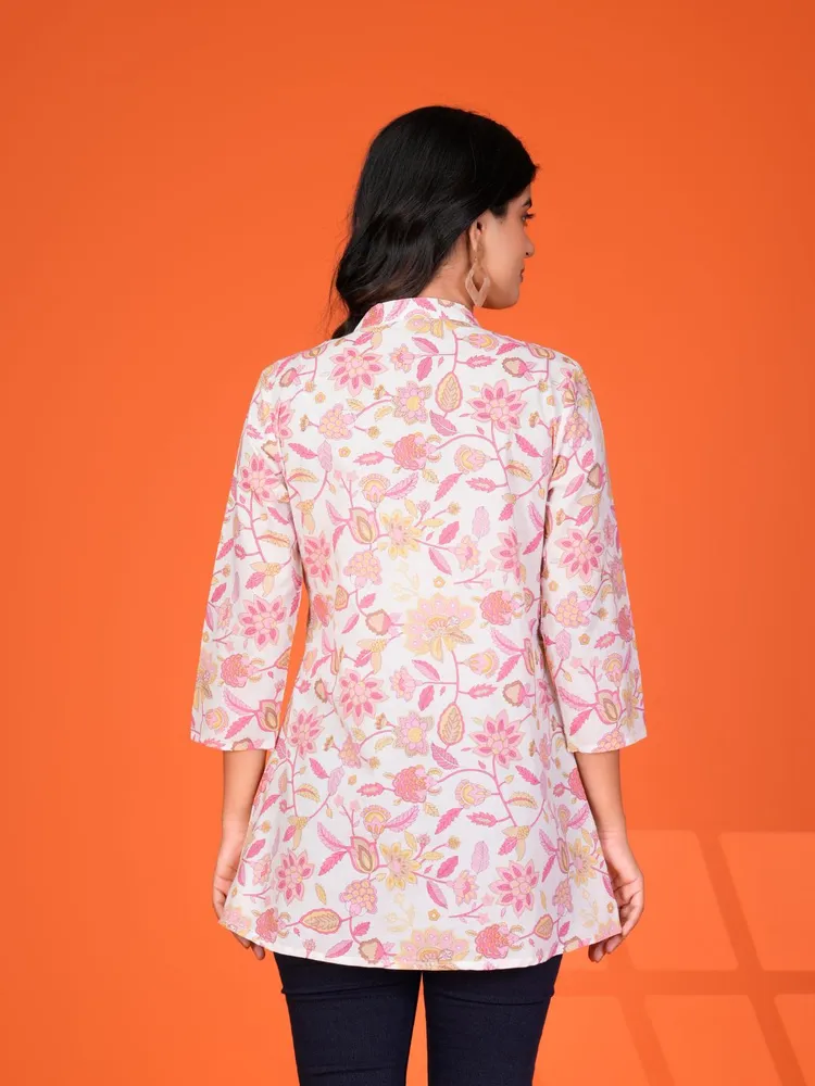 White Multi-Floral Pintuck Kurti in Cotton Cambric