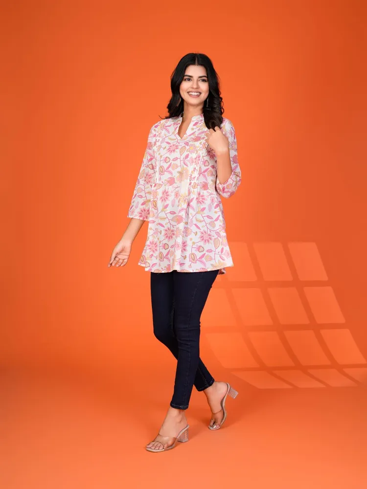 White Multi-Floral Pintuck Kurti in Cotton Cambric