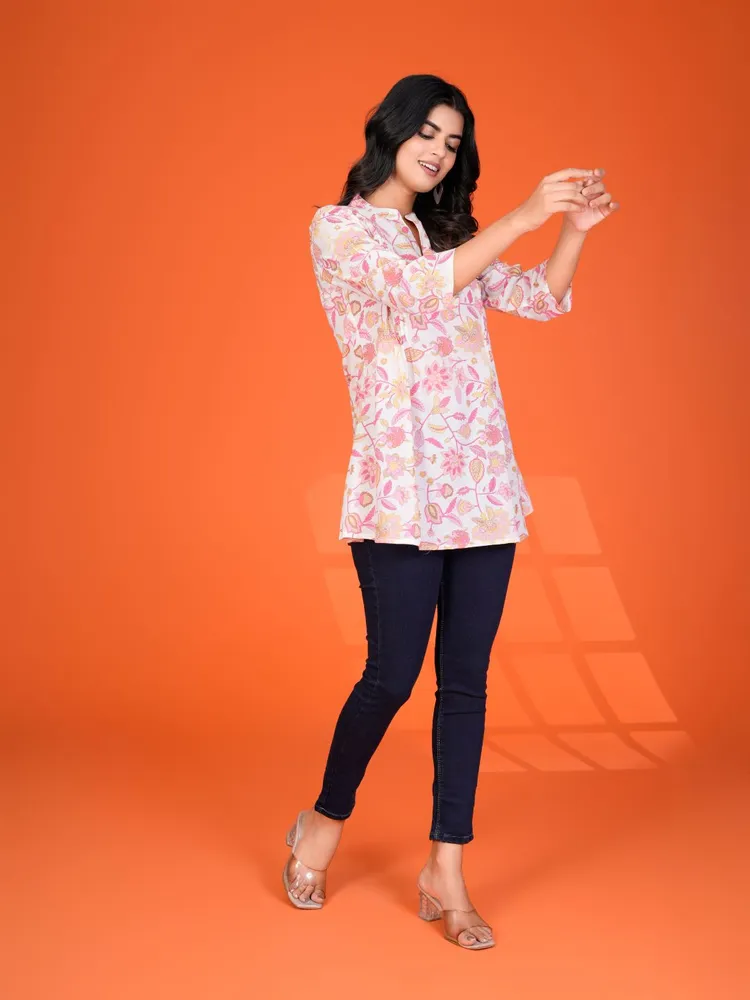 White Multi-Floral Pintuck Kurti in Cotton Cambric