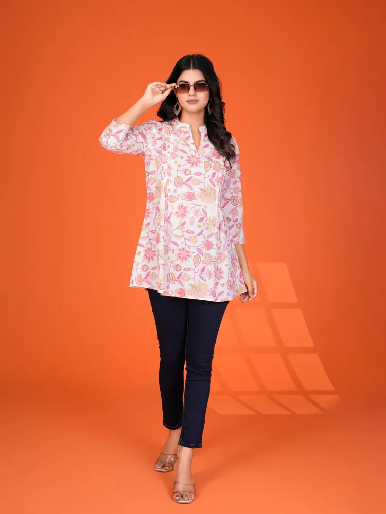 White Multi-Floral Pintuck Kurti in Cotton Cambric