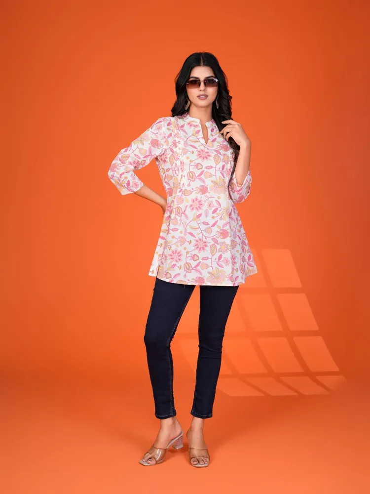 White Multi-Floral Pintuck Kurti in Cotton Cambric