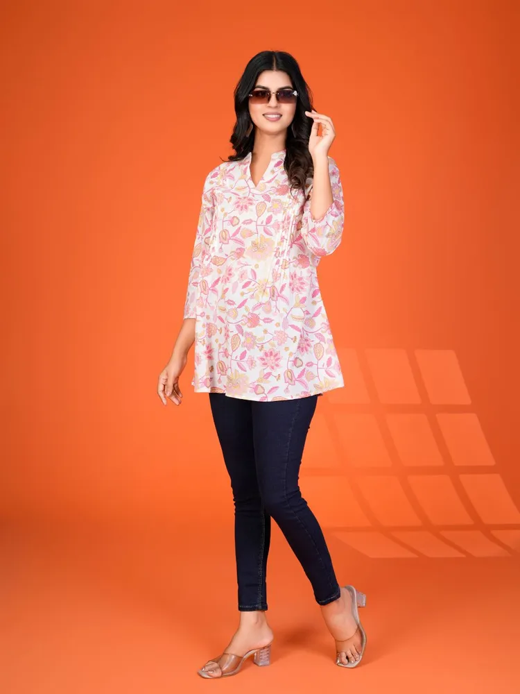 White Multi-Floral Pintuck Kurti in Cotton Cambric