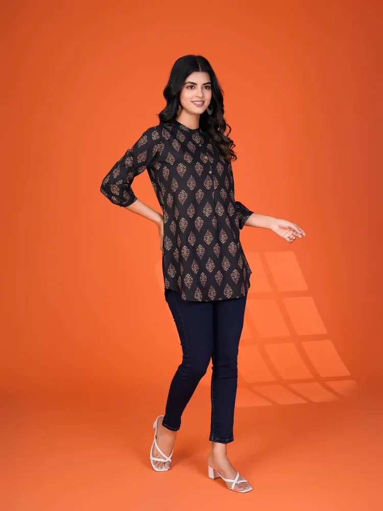 Black Handblock Print Short Kurti in Cotton Cambric