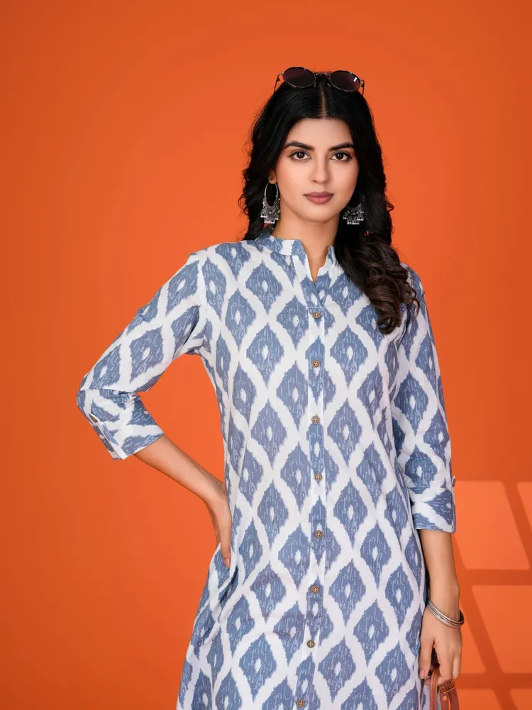 Grey Blue Ikkat Print Long Kurti in Cotton Cambric