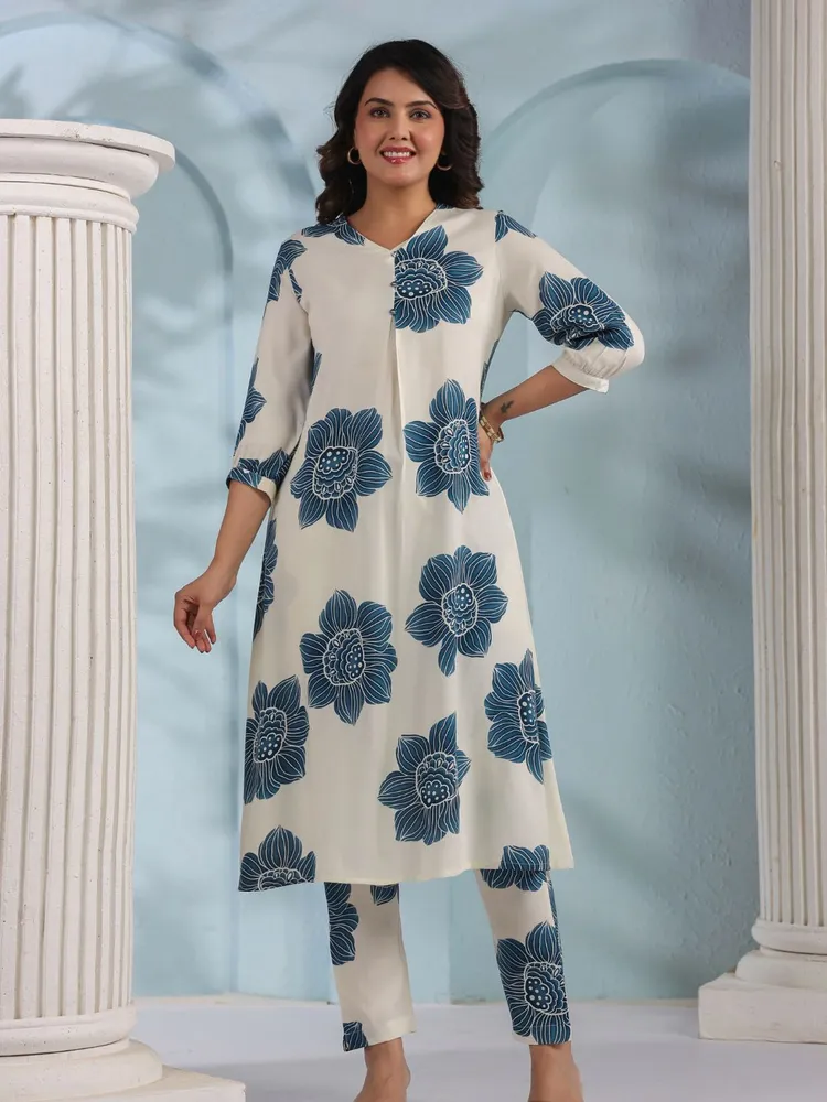 Cream & Peacock Blue Printed Viscose Kurta Pant Set