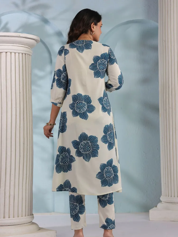 Cream & Peacock Blue Printed Viscose Kurta Pant Set