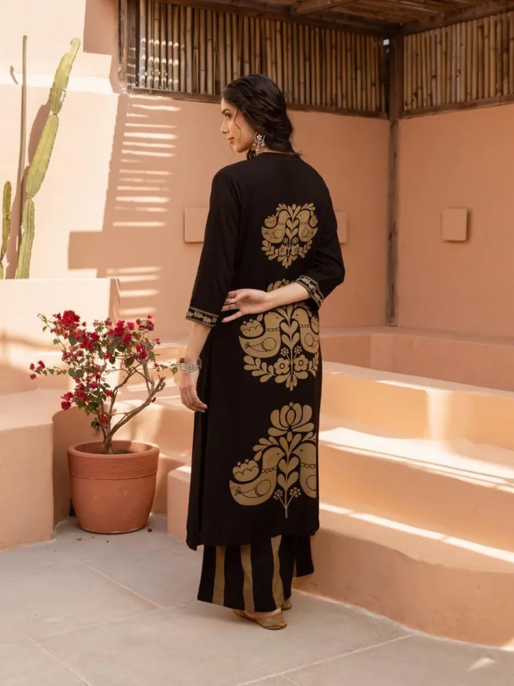 Black & Gold Motif Kurta Pant Set in German Rayon