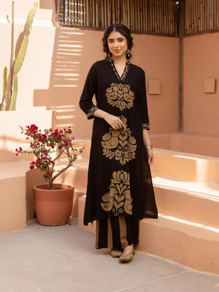 Black & Gold Motif Kurta Pant Set in German Rayon