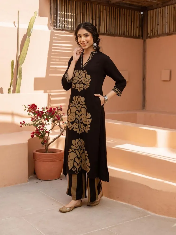 Black & Gold Motif Kurta Pant Set in German Rayon