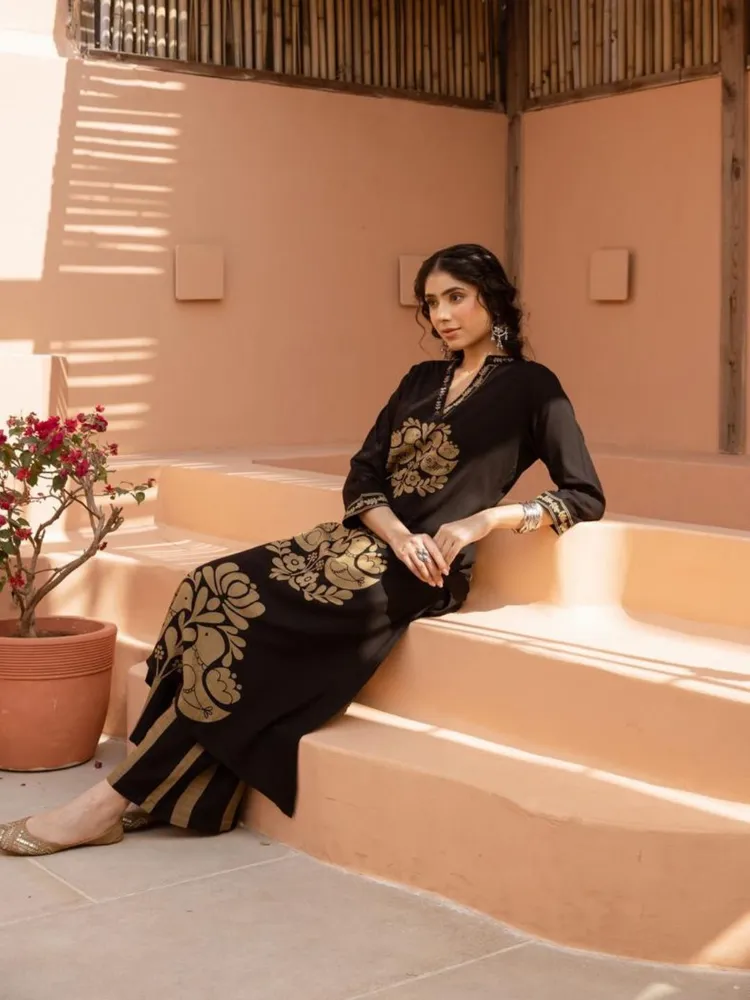 Black & Gold Motif Kurta Pant Set in German Rayon