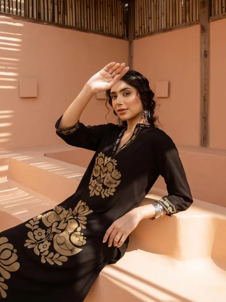 Black & Gold Motif Kurta Pant Set in German Rayon