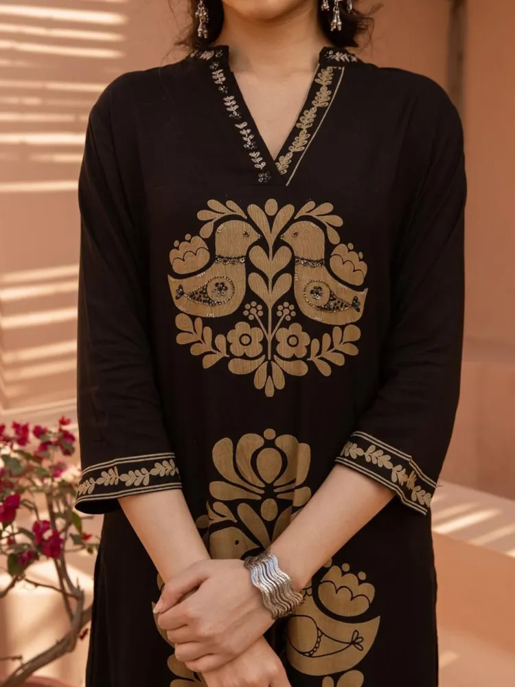 Black & Gold Motif Kurta Pant Set in German Rayon