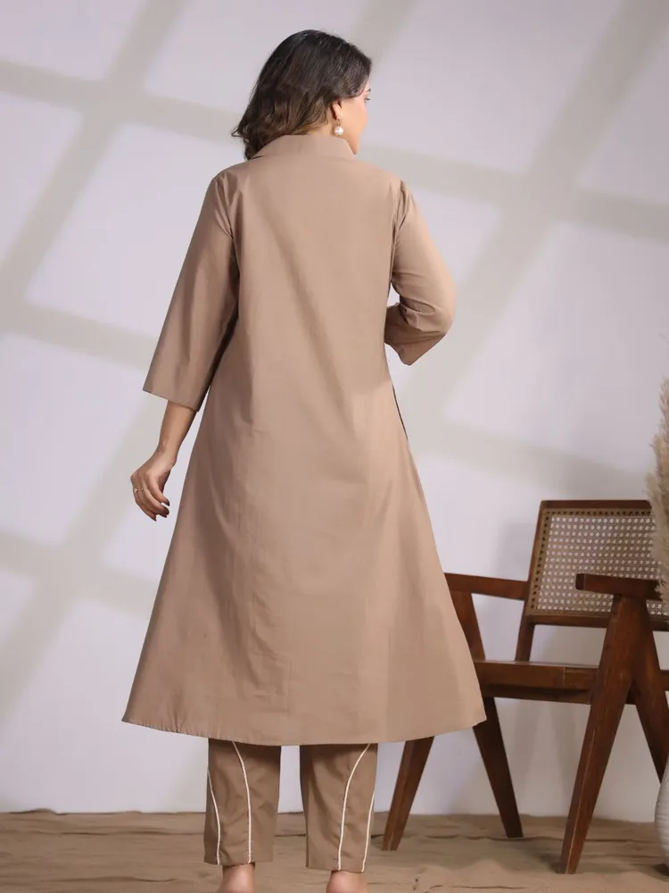 Brown Cord Work Animal Motif Kurta Set in Cotton Cambric