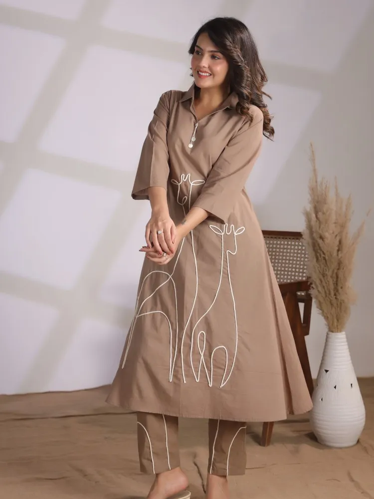Brown Cord Work Animal Motif Kurta Set in Cotton Cambric