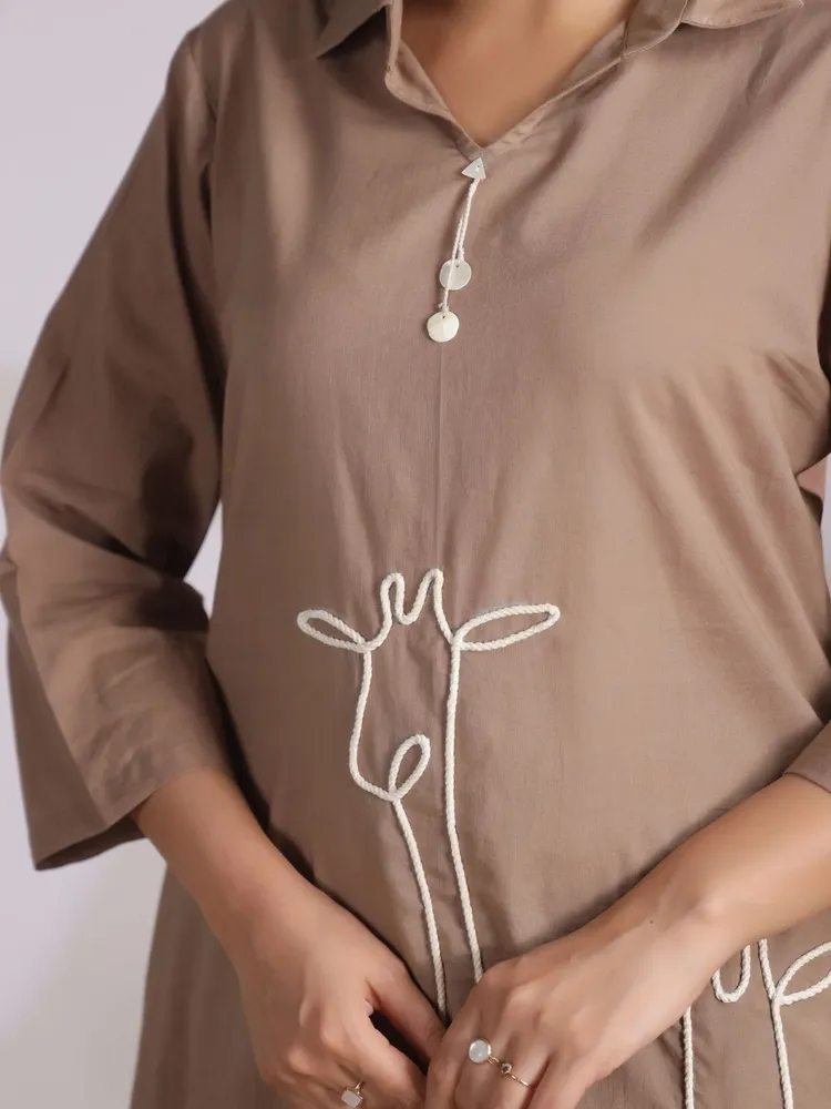 Brown Cord Work Animal Motif Kurta Set in Cotton Cambric