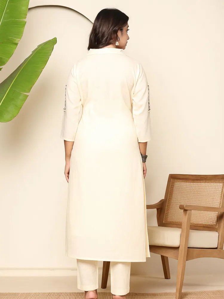 Cream Kurta Set with Black Floral Embroidery