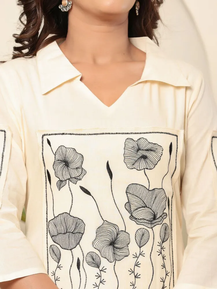 Cream Kurta Set with Black Floral Embroidery