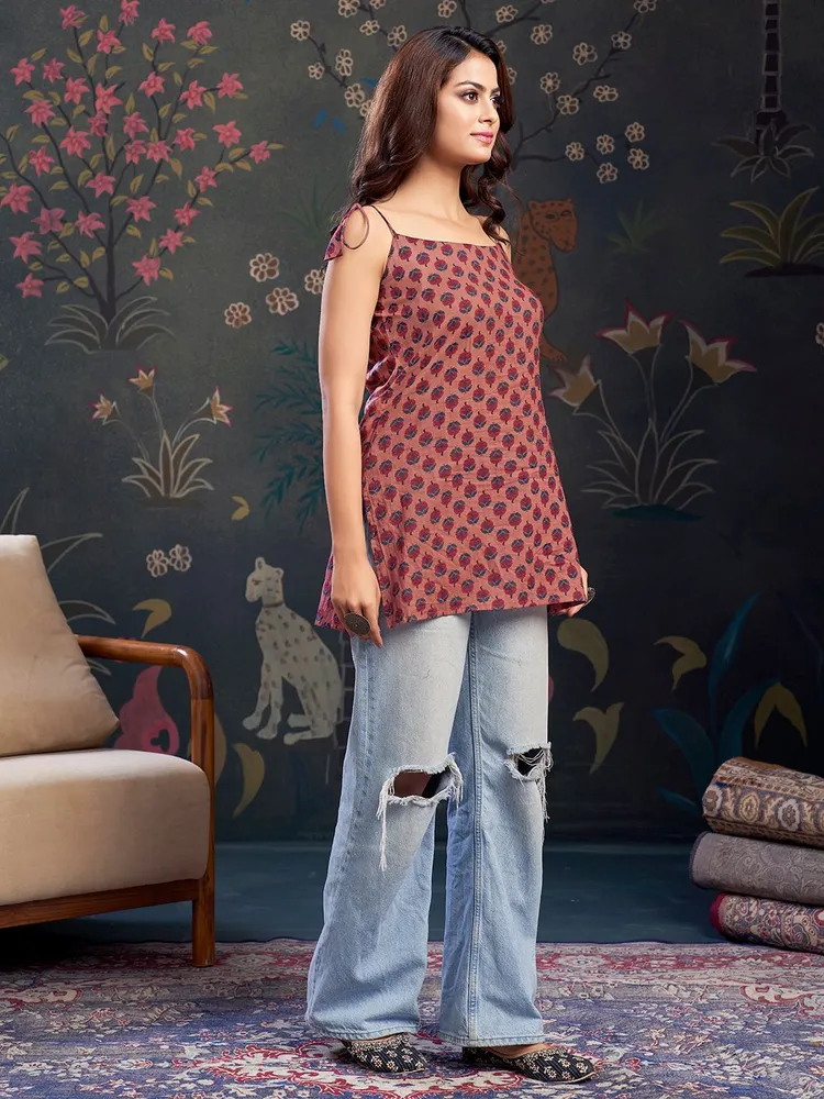 Pink Floral Color Short Kurti With Tie-Knot Shoulder