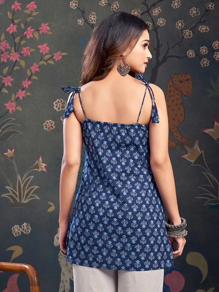 Navy Blue Color & Blue Floral Print With Tie-Knot Shoulder Short Kurti