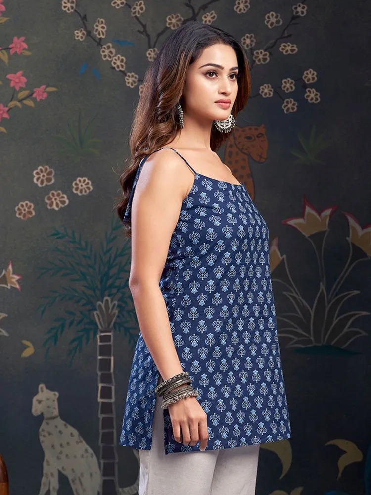 Navy Blue Color & Blue Floral Print With Tie-Knot Shoulder Short Kurti