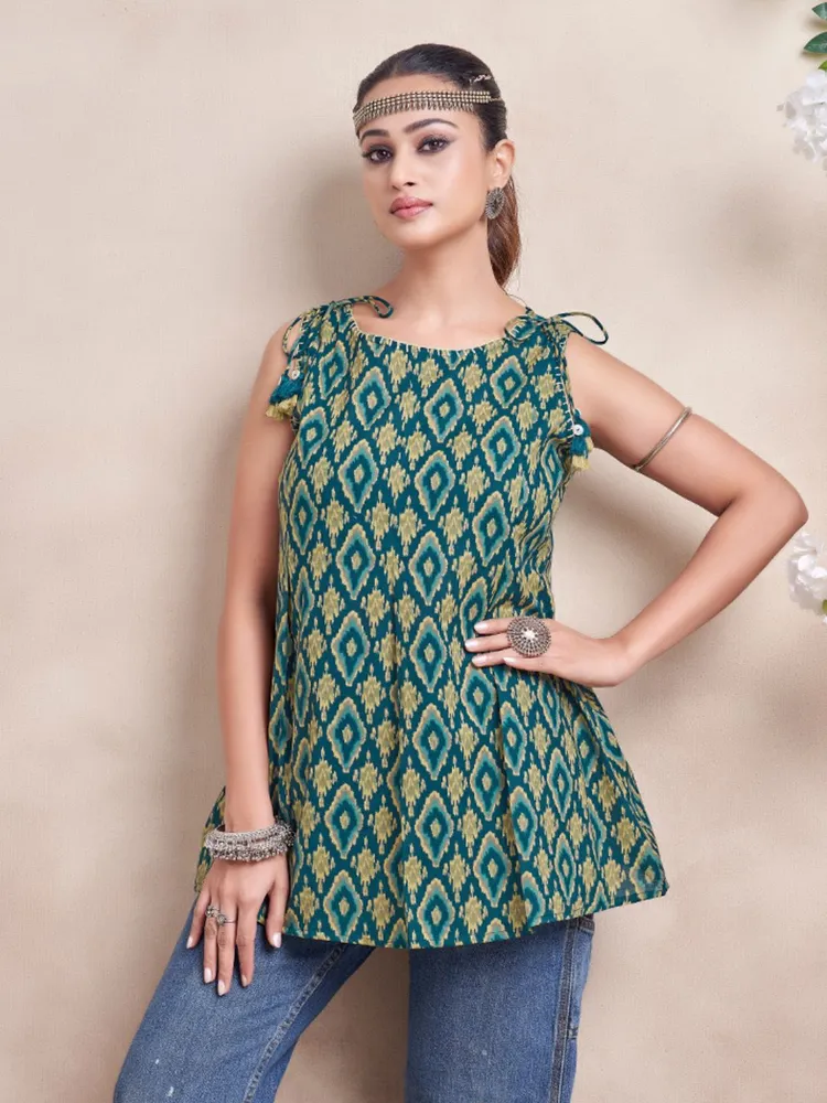 Green Color And Yellow Geometric Printed Short Kurti