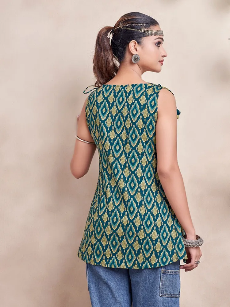 Green Color And Yellow Geometric Printed Short Kurti