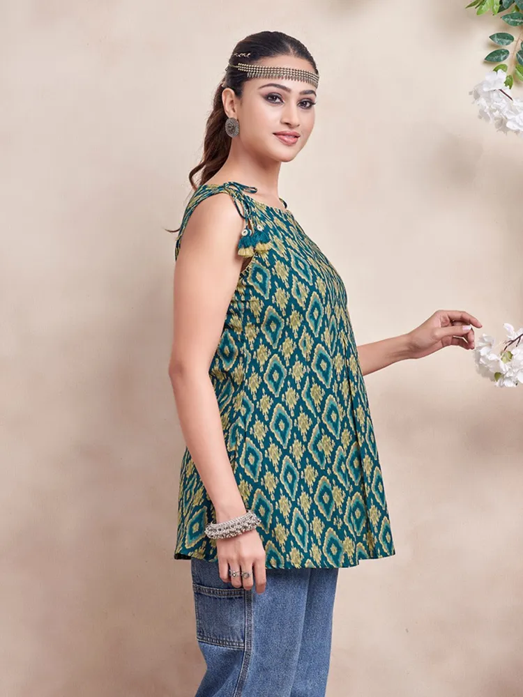 Green Color And Yellow Geometric Printed Short Kurti