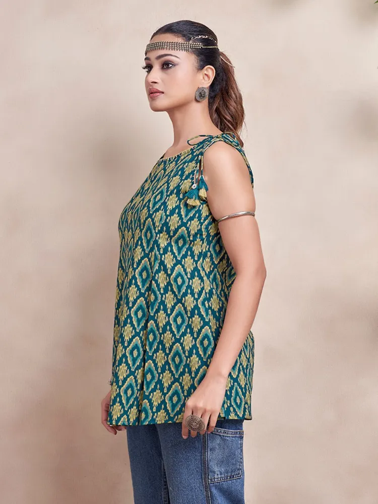 Green Color And Yellow Geometric Printed Short Kurti