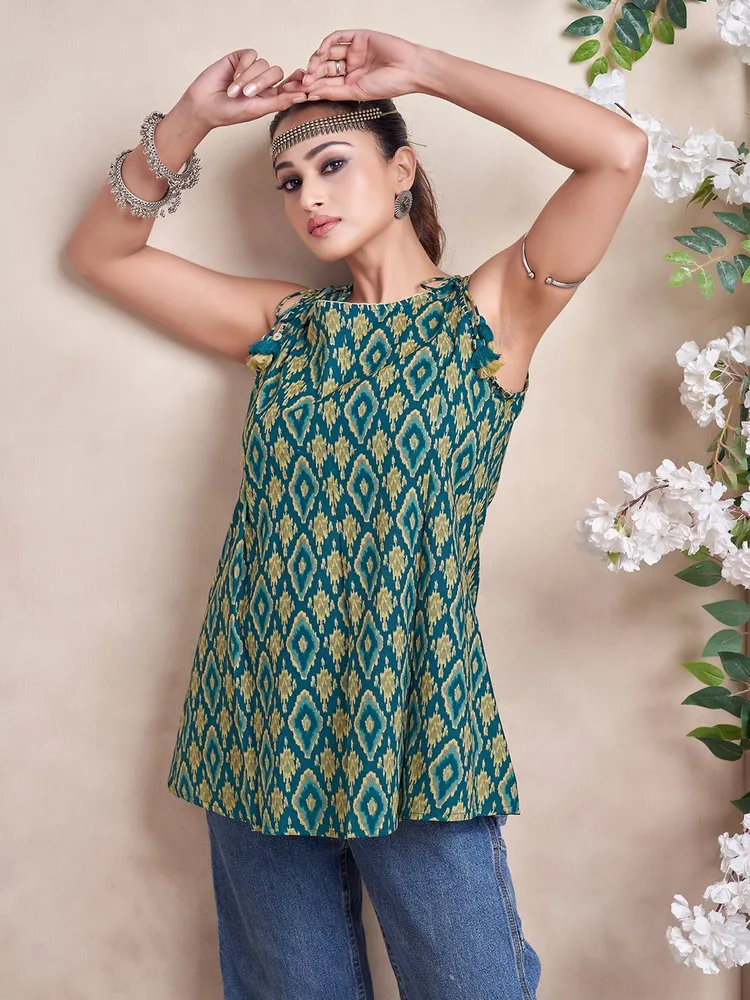 Green Color And Yellow Geometric Printed Short Kurti